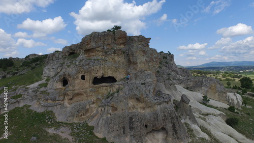Historical ancient Phrygian (Phrygian Valley, Gordion) Valley. Spectacular natural beauty and monuments, structures, houses carved into the rocks. Aerial view, Kütahya Province – TURKEY