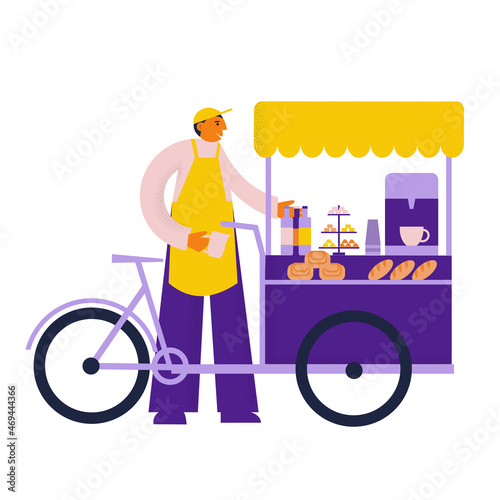 Man barista sells coffee , snacks, street food, bakery, sweets from bike. Stands near the vending bicycle. Flat vector illustration