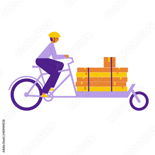 Man courier on a cargo long john bike with big heavy long boxes. Bicycle delivery man carrying package. Ecological city transport. Flat vector illustration