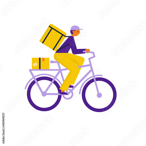Guy courier on a bike with parcel box on his back. Bicycle delivery man carrying package. Ecological city transport. Flat vector illustration