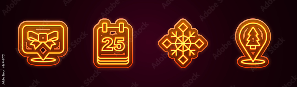 Set line Gift bow, Christmas day calendar, Snowflake and tree. Glowing neon icon. Vector Set line Gift bow, Christmas day calendar, Snowflake and tree. Glowing neon icon. Vector