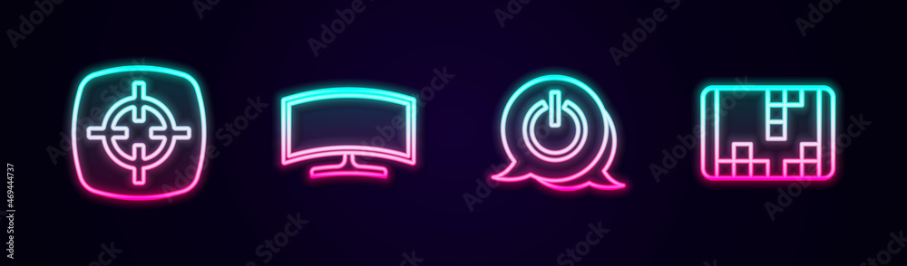 Set line Target sport, Computer monitor, Power button and Portable video game console. Glowing neon icon. Vector Set line Target sport, Computer monitor, Power button and Portable video game console. Glowing neon icon. Vector
