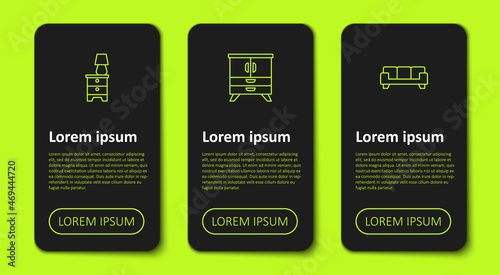 Set line Furniture nightstand with lamp, Chest of drawers and Sofa. Business infographic template. Vector