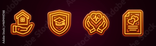 Set line House in hand, Graduation cap with shield, Life insurance and Marriage contract. Glowing neon icon. Vector