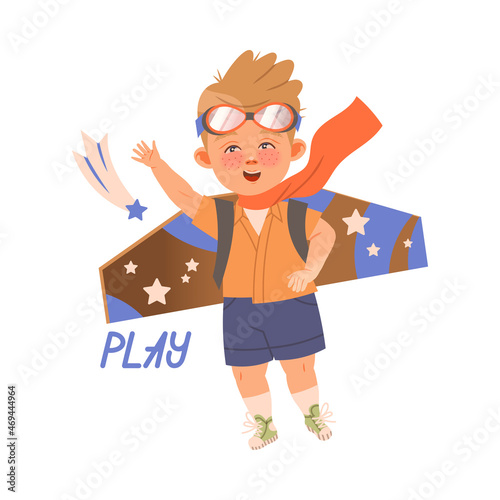 Cute little boy pilot playing with paper wings. Play verb expressing action cartoon vector illustration