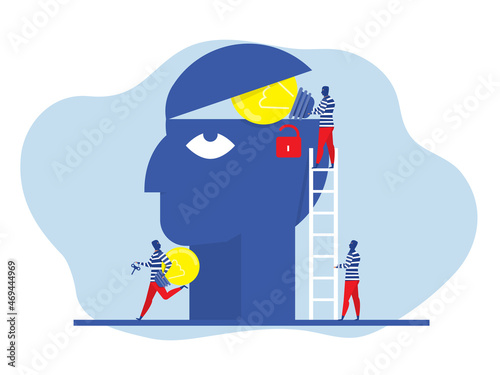 Pirate stealing creative idea on top head human, maninfringement of copyright, piracy concept website design flat vector illustration.