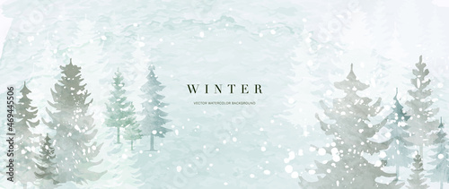 Winter background vector. Hand painted watercolor and gold brush texture, Mountain with snow, pine forest hand drawing. Design for wallpaper, wall arts, cover, wedding and  invite card.  