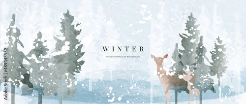 Winter background vector. Hand painted watercolor and gold brush texture, Mountain with snow, pine forest and deer hand drawing. Design for wallpaper, wall arts, cover, wedding and  invite card.  