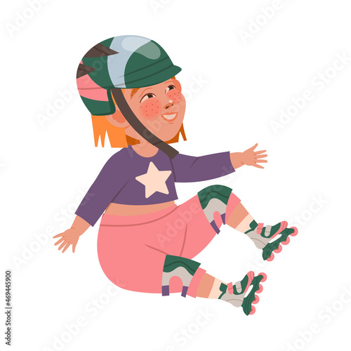 Cute little girl roller skating. Kids outdoor activity concept cartoon vector illustration