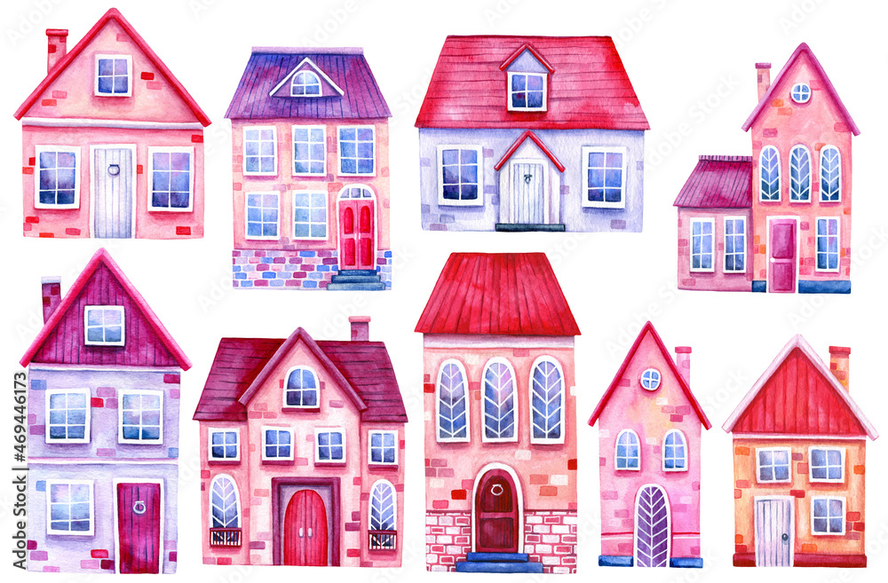 Set of watercolor illustrations of cute houses. 