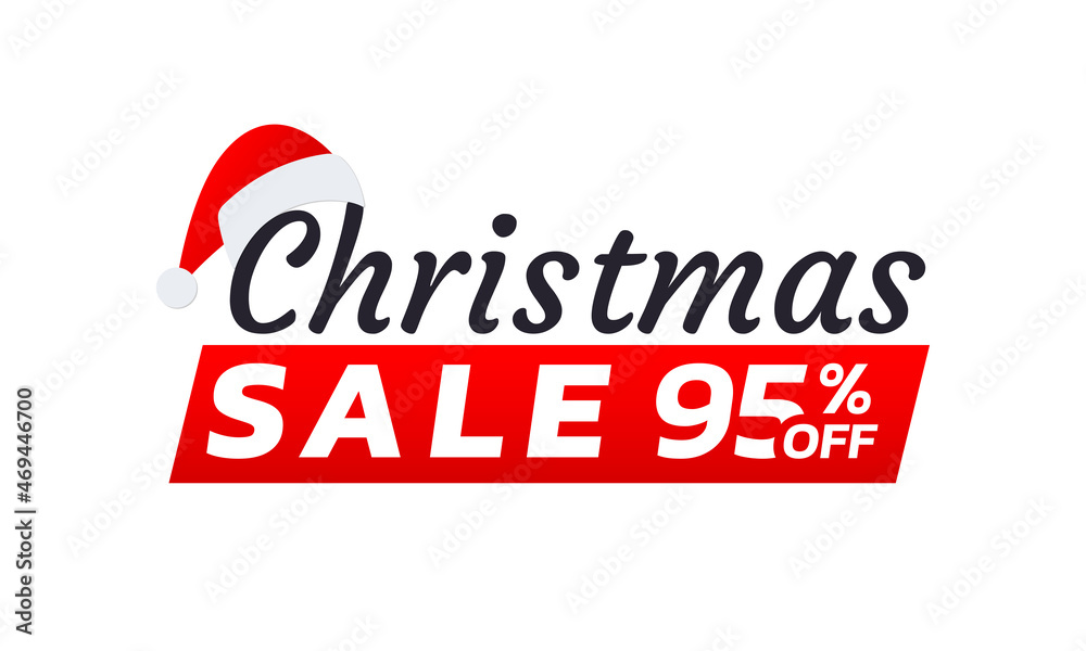 Christmas sale icon, label or banner. Xmas discount promotion poster or card template with Santa cap. 95 percent price off sticker design. Vector illustration. Christmas sale icon, label or banner. Xmas discount promotion poster or card template with Santa cap. 95 percent price off sticker design. Vector illustration.