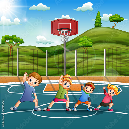 Cartoon happy family doing exercise on the basketball court