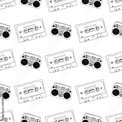 Hand drawn cassette, mixtape and vintage retro record player seamless pattern, black and white cartoon doodle background for music technology or audio equipment concept.