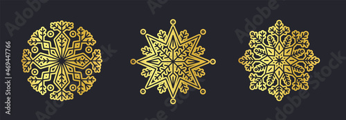 Gold Set  vector snowflakes isolated , Ethnic  ice cristal ornament,  christmas icons, snowflakes for print, design for banner, idea, cover, booklet, print, flyer, card, poster, badge, postcard