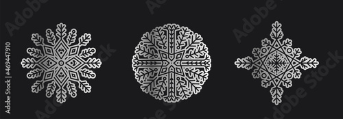 Silver Set  vector snowflakes isolated , Ethnic  ice cristal ornament,  christmas icons, snowflakes for print, design for banner, idea, cover, booklet, print, flyer, card, poster, badge, postcard