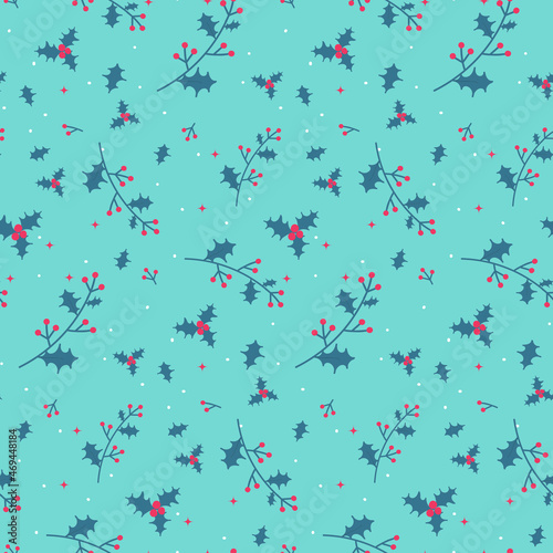 Seamless pattern with illustration flower christmas star. Hand drawn christmas berries and leaves on blue background. Template for a Merry Christmas greeting card