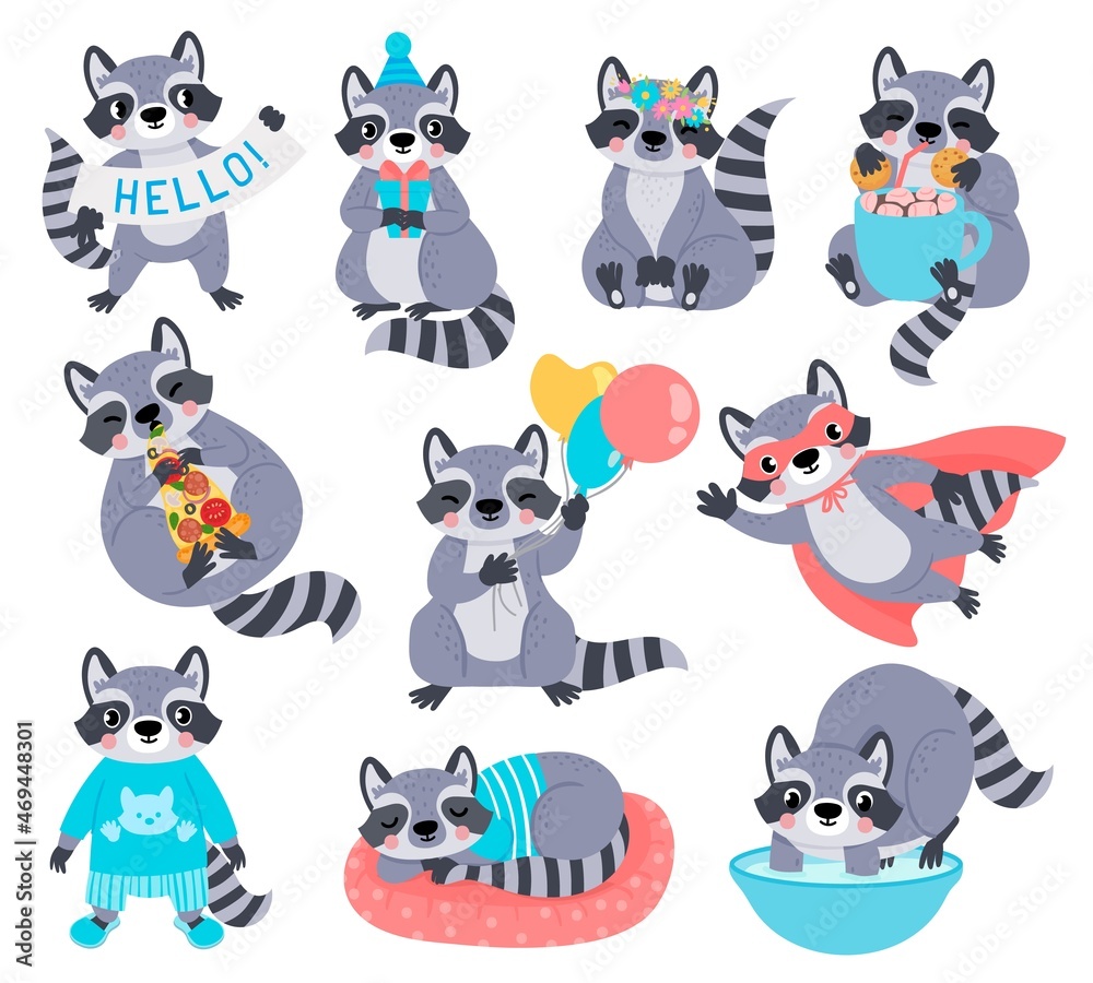 Happy raccoon mascot characters for kids birthday. Racoon superhero. Cute cartoon raccoons with balloon, eat pizza and wash hands vector set