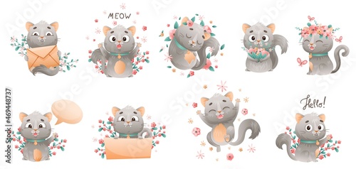 Cute Grey Cat with Flowers Cuddling and Saying Meow Vector Set