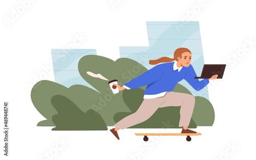 Very busy business woman work with laptop on the go. Modern fast lifestyle concept. Restless stressed employee workaholic rushing and hurrying. Flat vector illustration isolated on white background