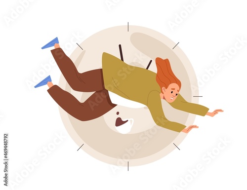 Deadline failure and organization problem concept. Person is late, time is over. Inefficient disorganized employee fall from clocks. Fail at work. Flat vector illustration isolated on white background