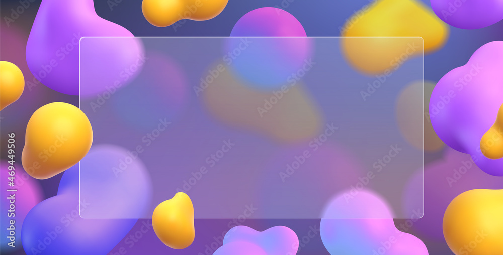 3d glassmorphism background template with blur fluid colorful blobs. Transparent glass morphism banner with abstract shapes vector design