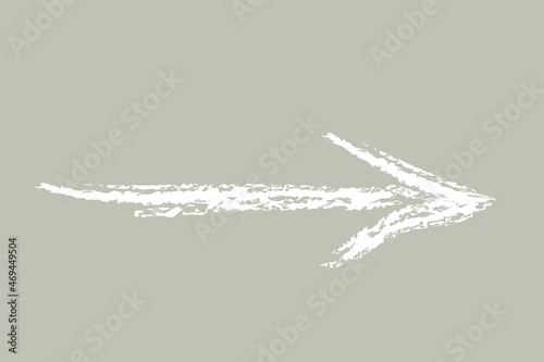 Vector illustration of a white straight arrow in hand drawn style with chalk effect on a gray background.