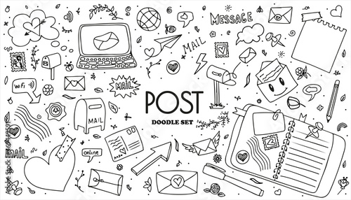 A set of vector mail doodles. Icons with paper envelopes, letters, email. A children s notebook in a cage with drawings of postal items. Hand-drawn elements for email