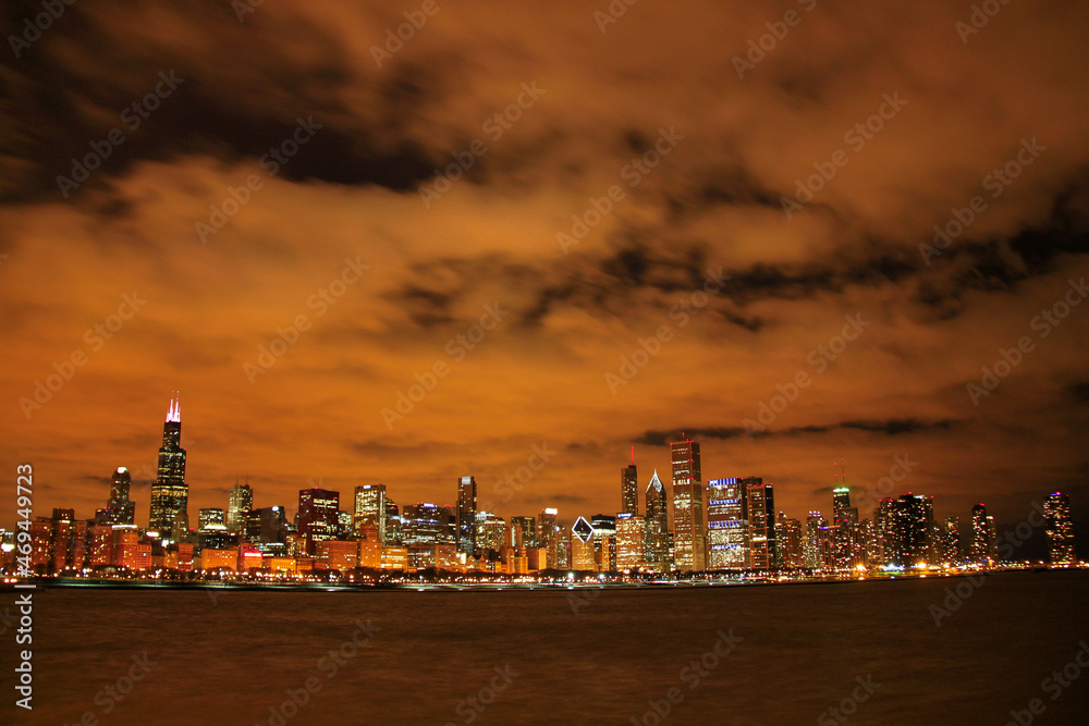 Night view of the skyline of Chicago, IL, United States of America, seen from Lake Michigan