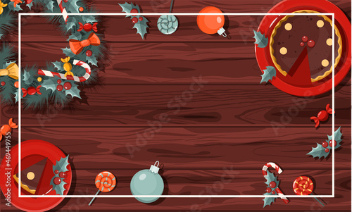 Flat vector banner Merry Christmas. Cartoon Christmas template with festive decorations and food. Background for postcards and invitations. New Year s table with a pie and a Christmas wreath, toys and