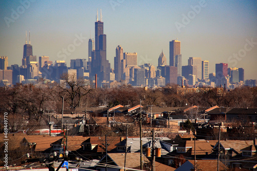 View of the skyline of Chicago, IL, United States of America, seen from a suburb of Chicago