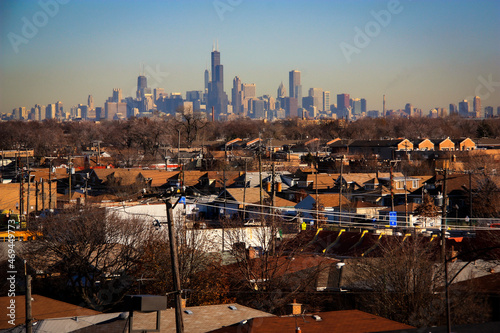 View of the skyline of Chicago, IL, United States of America, seen from a suburb of Chicago