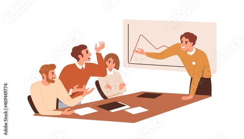 Conflict and disagreement at business meeting. Angry boss accusing employee in problems and failures. Bad aggressive communication in office. Flat vector illustration isolated on white background