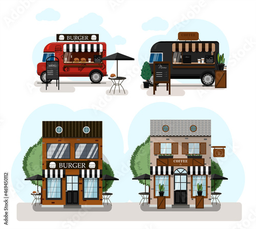 A set of vector food trucks, fast food and cafes. Cartoon burgers cafe and coffee house icons. Flat design of facades. Cliparts. Facade of an restaurant parlor with a summer outdoor terrace