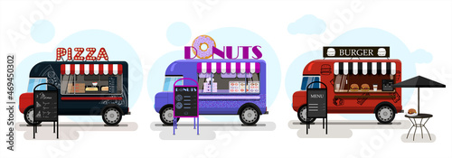 Set of vector food trucks with pizza, donuts and burgers. Vector flat illustration of a fast food vans on wheels with a striped awning and an advertising stand with a menu. Stylish retro illustration