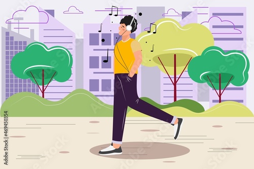 Happy young man enjoying music, podcast, radio. Man wearing headphones and walking in the city park. Music, podcast, radio concept illustration. Vector flat design illustration.