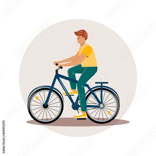 Man on the bicycle. Happy man riding the bicycle. Isolated.