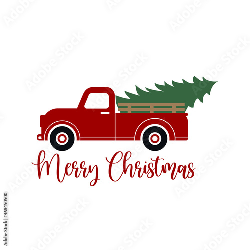 Red old vintage truck with a Christmas pine tree isolated vector on white background.
