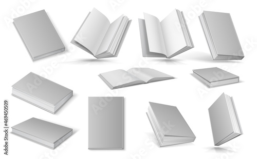 Blank 3d book with paper sheets, booklets or magazines with hardcover. Realistic flying open empty textbook. White catalog mockup vector set