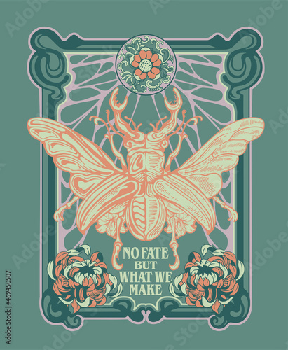 egyptian scarab and art nouveau frame and flowers illustration with slogan poster print design photo