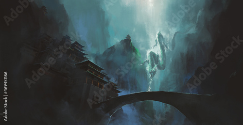 Oriental dragon hovering among canyon buildings, 3d illustration. photo