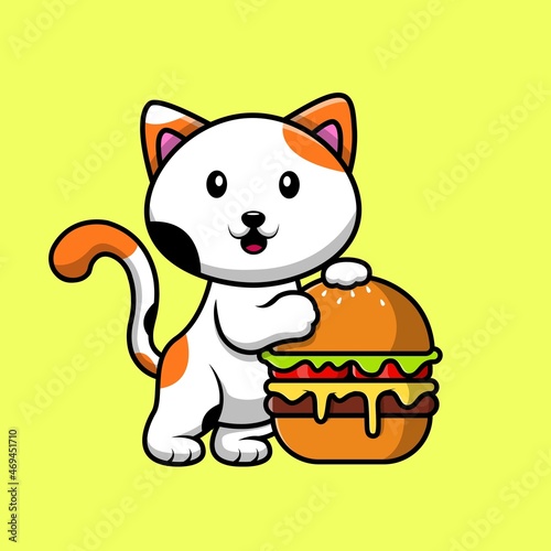 Cute Cat With Burger Cartoon Vector Icon Illustration. Animal Food Icon Concept Isolated Premium Vector. Flat Cartoon Style