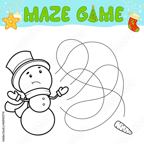 Christmas Maze puzzle game for children. Outline maze or labyrinth. Find path game with christmas Snowman.