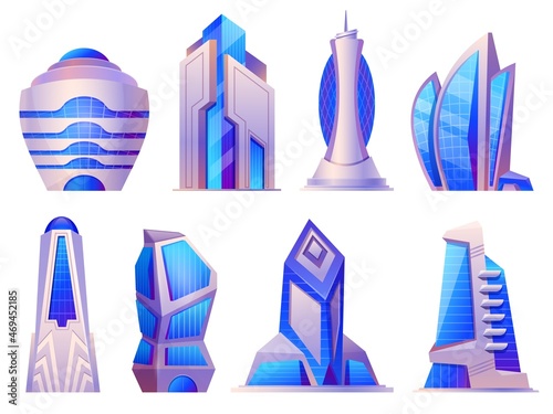 Future urban and alien city buildings, skyscrapers and office towers. Futuristic cyberpunk architecture, megalopolis skyscraper vector set