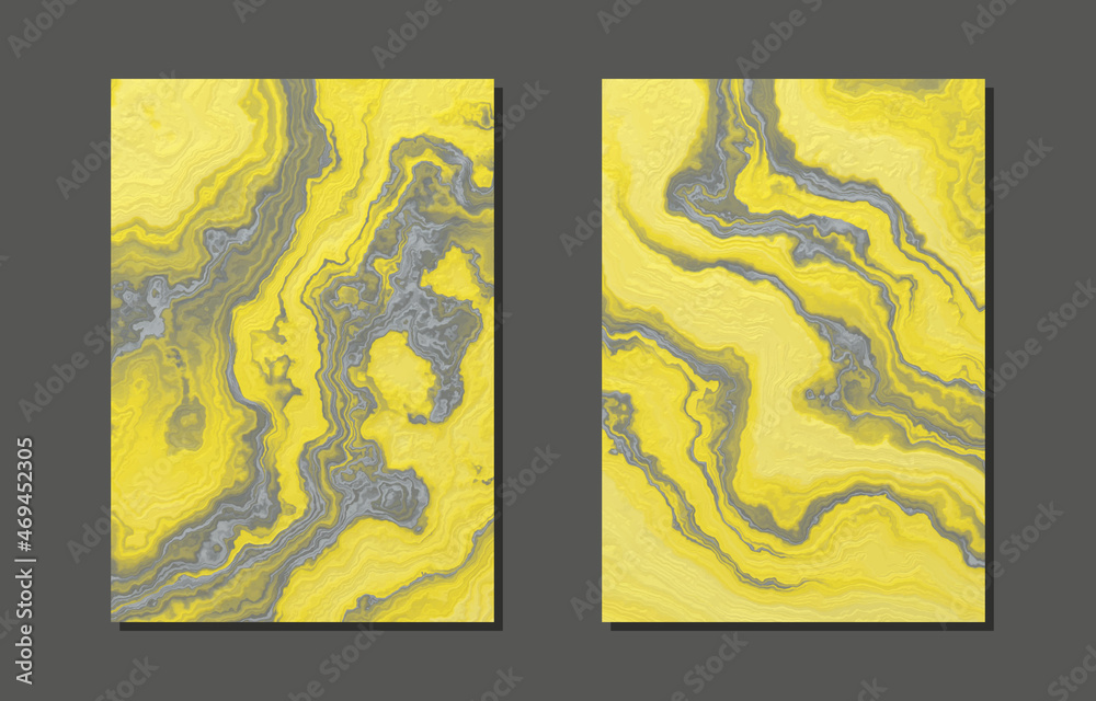 Fototapeta premium Set of cover templates. Fluid abstract backgrounds. Yellow marble texture with gray veins.