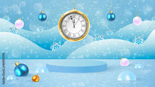 New Year s scene for presentation of products in blue tones. Cylindrical podium and Christmas tree decorations. Big clock. Winter landscape. Vector