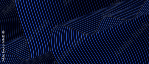 Abstract geometric wavy folds with stripes of blue and black colors. 3d rendering.