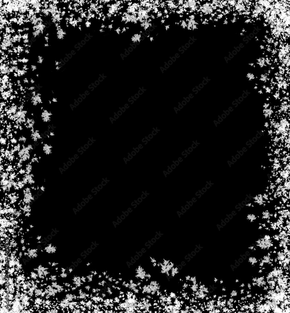 A frame of a frosty pattern of ice crystals on a black background. A frame with an abstract ice structure allows you to apply or add a frost effect. Frost on the glass, freezing effect A frame of a frosty pattern of ice crystals on a black background. A frame with an abstract ice structure allows you to apply or add a frost effect. Frost on the glass, freezing effect