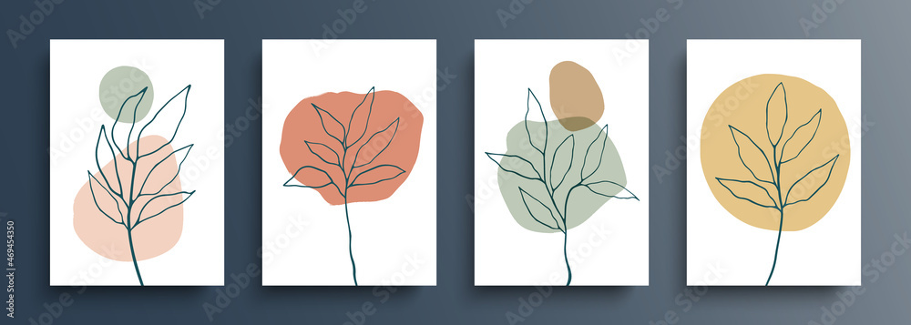 Obraz Botanical hand drawn set. Boho foliage line art drawing with abstract shapes. Abstract floral backgrounds for your creative graphic design. Vector illustration.