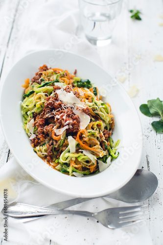Colorful Zoodles with Bolognese Sauce (Low Carb)