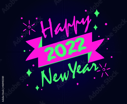 2022 Happy New Year Holiday Illustration Vector Pink And Cyan Abstract With Black Background